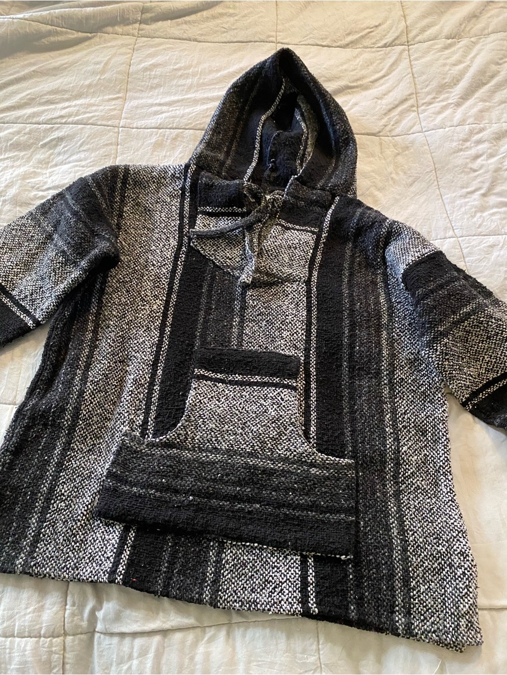 Men's Hooded Baja-Style Zip-Up Sweater in Black & Gray